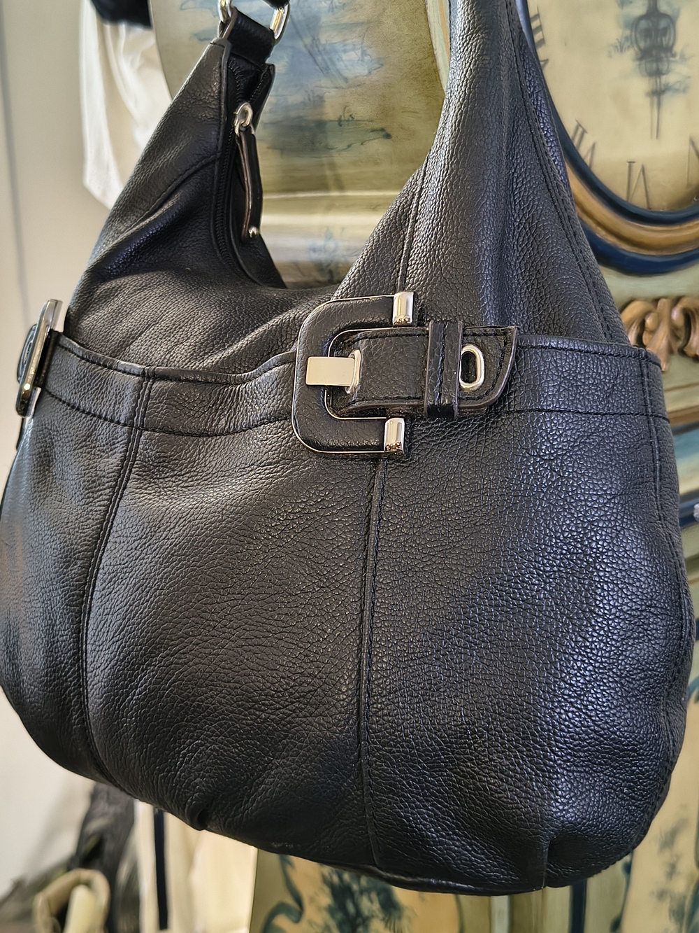 Tignanello Black Pebbled Leather Shoulder Bag with Silver Buckle